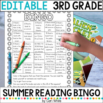 Preview of Summer Reading Bingo for Third Grade Editable Printable Challenge Log