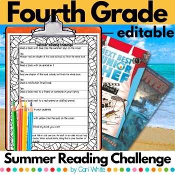 Preview of Summer Reading Challenge for fourth grade with book list EDITABLE printable