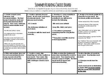Preview of Summer Reading Choice Board Assignment and Rubric