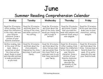 Preview of Summer Reading Comprehension Calendar