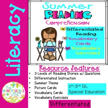 Preview of Summer Reading Comprehension Pack Differentiation Vocabulary Cards Exercises