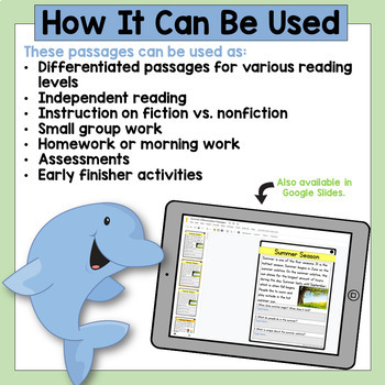 summer reading comprehension passages and questions with google slides option