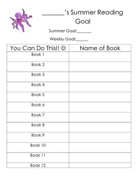 Summer Reading Goal Sheet by Mrs Rountree | Teachers Pay Teachers