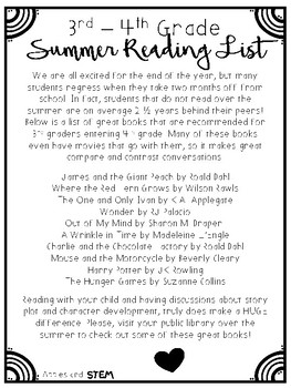 Preview of Summer Reading List 3rd - 4th Grade