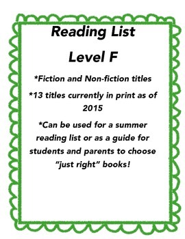 Summer Reading List Guided Reading Level F By Great Teaching Ideas
