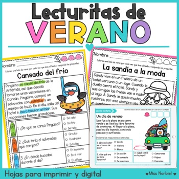 Preview of Summer Reading comprehension in Spanish | Lecturas de comprensión