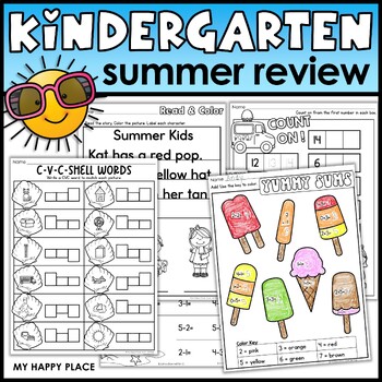 Preview of Kindergarten Summer Review Packet – End of the Year Math and Reading Practice