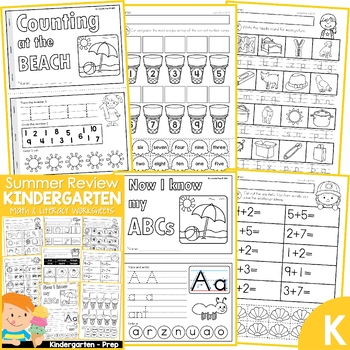Preview of Summer Review Kindergarten Math & Literacy Worksheets & Activities