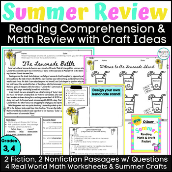 Preview of Summer Packet Reading Comprehension Math Worksheets & Crafts 3rd 4th 5th Grade