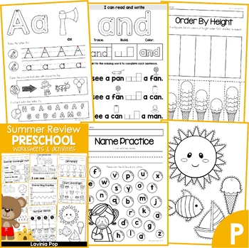 Preview of Summer Review Preschool No Prep Worksheets & Activities