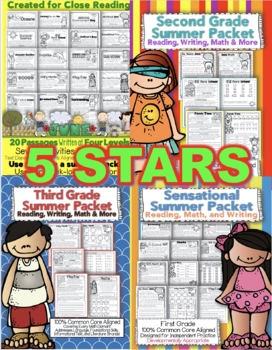 Preview of Summer Review Take Home Bundle Close Reading Differentiated Passages Math & More
