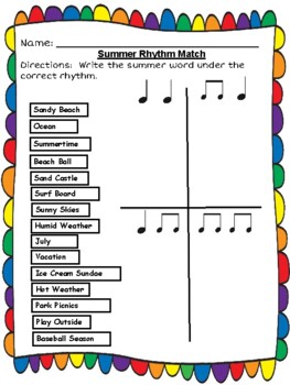 Preview of Summer Rhythm Music Matching Worksheet-  Distance Learning/Sub Plans