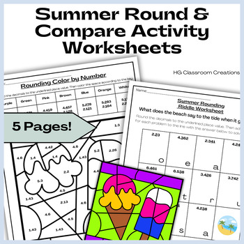 Preview of Summer Round & Compare Decimals Activity Worksheets & Color by Number
