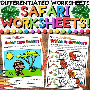 Preview of Summer Safari Worksheets - Math & Literacy Activities for End of the Year Review