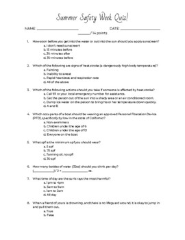 Preview of Summer Safety Quiz PDF