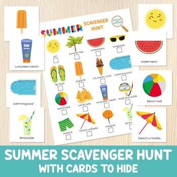 Preview of Summer Scavenger Hunt With Cards To Hide, Summer Indoor Treasure Hunt, Game