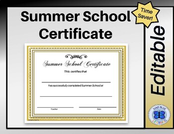 Preview of Summer School Certificate - Editable - Gold Border