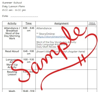 Preview of Summer School Daily Lesson Plan Template