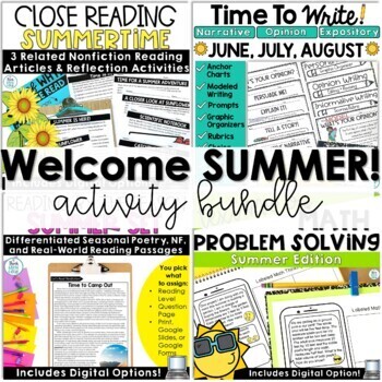 Preview of Fun End of the Year Activities Summer Reading Comprehension Passage Writing Math