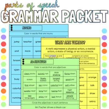 Preview of Summer School Grammar Packet: Parts of Speech {Nouns, Verbs, Adjectives, etc}