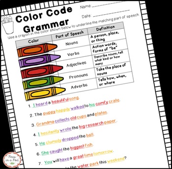 Preview of Nouns Verbs Adjectives Worksheets Prepositions + Parts of Speech Coloring Sort