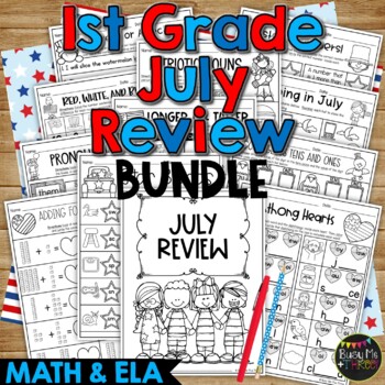 Preview of Patriotic Activity Math and ELA Review BUNDLE 1st Grade No Prep Summer School