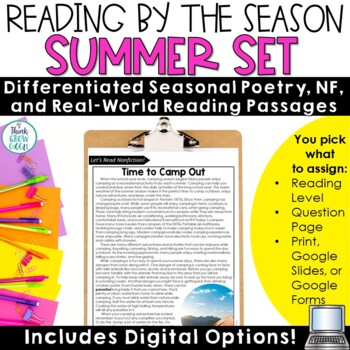 Preview of Summer Reading Comprehension Passages for May Camping Ocean Life Differentiated