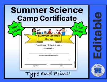 Preview of Summer Science Camp Certificate - Editable - Science N Kids