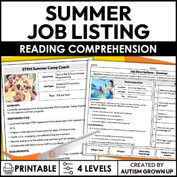 Preview of Summer Seasonal Job Descriptions | Life Skills for Special Education + ESY
