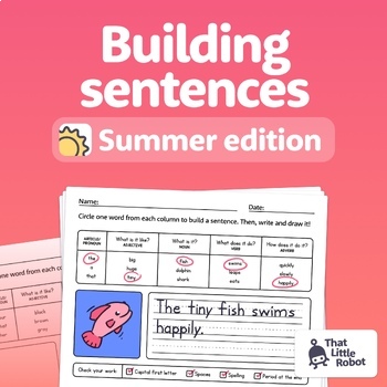 Preview of Summer Sentence Building Worksheets | 1st & 2nd Grade Sentences, Nouns, Verbs