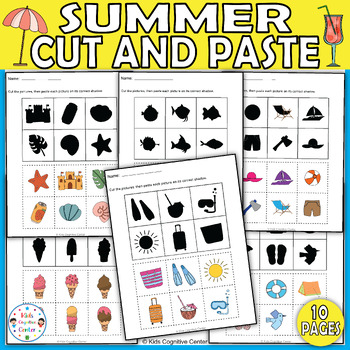 Preview of Summer Shadow Matching Worksheets, Printable Cut and Paste Summer Fun Activities