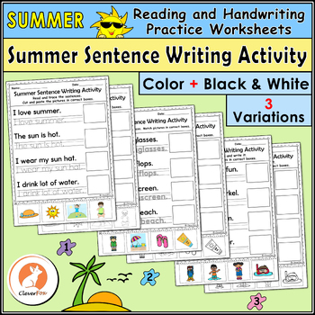 Preview of Summer-Themed Short Sentence Writing Activity #Read-Trace-Write-Cut-Paste&Match