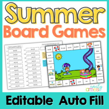 Summer Sight Word or Math Practice Board Games EDITABLE and AUTO FILL