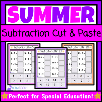 Preview of Summer Simple Subtraction Cut & Paste Worksheets | Summer Math Basic Facts SPED