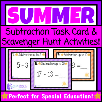 Preview of Summer Math Task Cards Write the Room Subtraction Scavenger Hunt Activities SPED