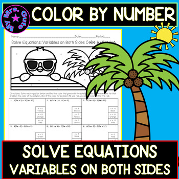 Preview of Summer Solve Equations Variables Both Sides Color by Number Worksheet #catch24
