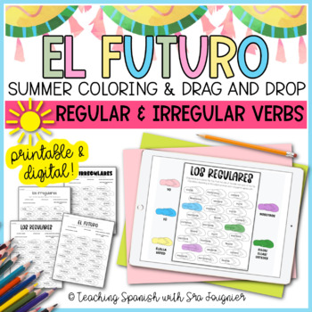 Preview of Summer Spanish Future Tense Drag and Drop Coloring Activity