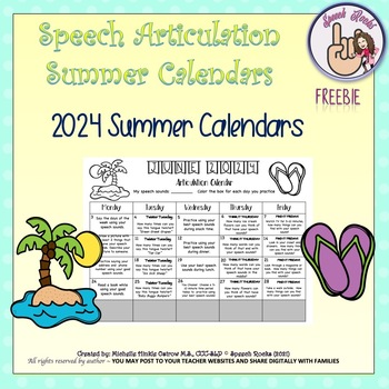 Preview of Summer Speech Articulation Calendars 2024 {FREEBIE}