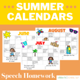 Summer Speech Homework Calendars - Speech Therapy Homework