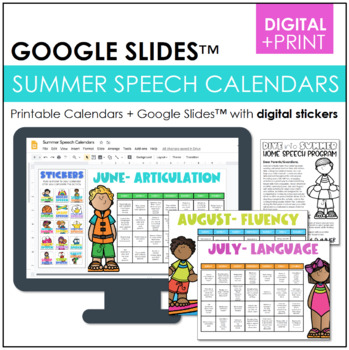 Preview of Summer Speech Homework Calendars with Google Slides™ | Print and Digital