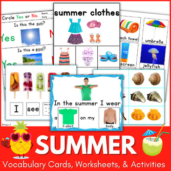 Preview of Summer Speech Therapy Activities Worksheets Vocabulary Cards Special Ed Packet