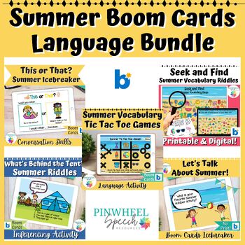 Preview of Summer Speech Therapy Games Boom Cards™ Bundle of 5 speech and language games