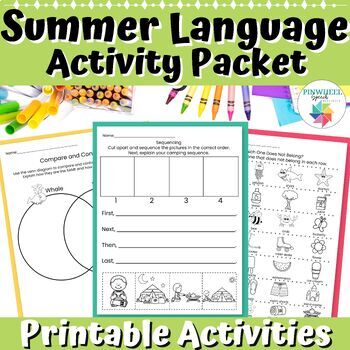 Preview of Speech Therapy Summer Homework Packet Language Activities ELL ESL RTI Worksheets