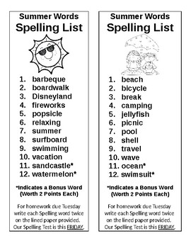 Preview of Summer Spelling List (Editable) 