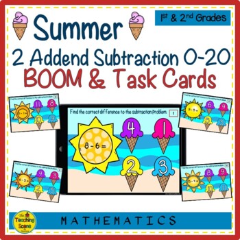 Preview of Summer  Subtraction Facts 0-20 BOOM & Task Cards Digital Resource