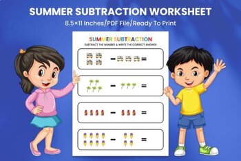 Preview of Summer Subtraction Worksheet for Kids