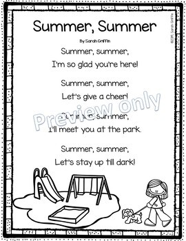Preview of Summer, Summer Poem for Kids | June July August Rhymes