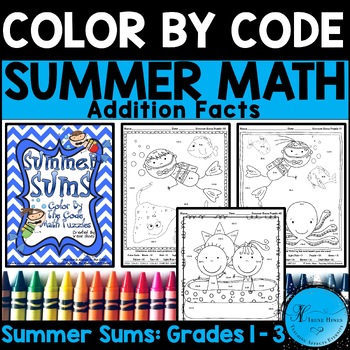 Preview of Summer Math Addition Color By Number Code 1st, 2nd, 3rd Grade Coloring Pages