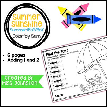 Summer Sunshine Color by Sum (Adding 1 and 2) by Miss Johnston's Journey