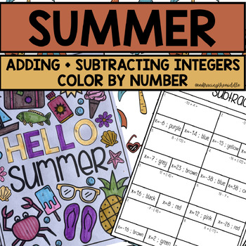 Preview of Summer Themed Adding + Subtracting Integers Color by Number for 7th Graders